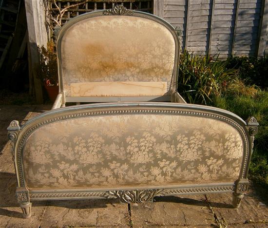 An early 20th century French painted upholstered double bed frame (King size) W.160cm